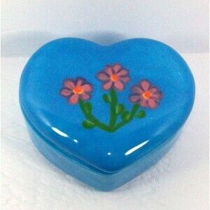 Ceramic Trinket Dish Heart Shaped With Lid, Handmade with Blue With Flowers